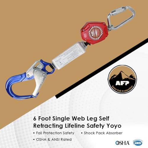 AFP Demon 6 Foot Single Web Leg Self Retracting Lifeline Safety Yoyo, Shock Pack Absorber, Aluminum Rebar Pelican Hook & S...