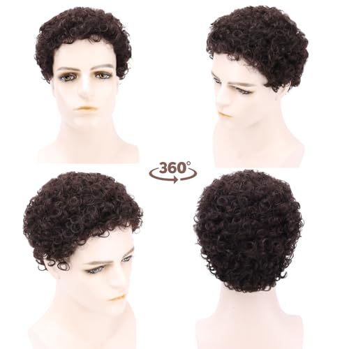 Men's Full Head Wig with Real Hair, Curly Wig, Short Curly Hair, Fluffy and Realistic Curly Strands, Thin Skin, Daily and Party Men's Wig (dark brown)