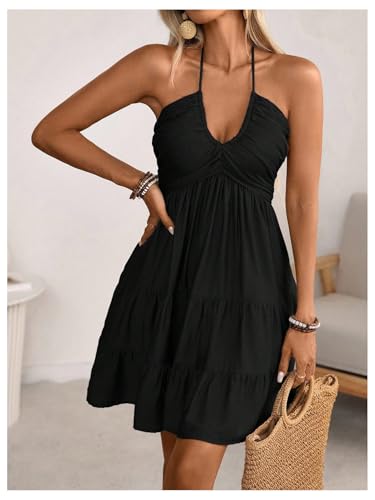 SOLY HUX Women's Summer Mini Dress Halter Backless Sleeveless A Line Ruffle Hem Flowy Cami Dresses Sundress