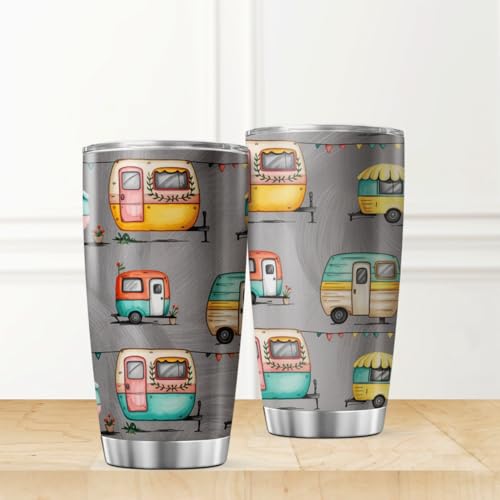 CUBICER Colorful Retro Camper Trailer Pattern Tumbler For Camping Lovers And Outdoor Travelers Stainless Steel 20 Oz Trave...