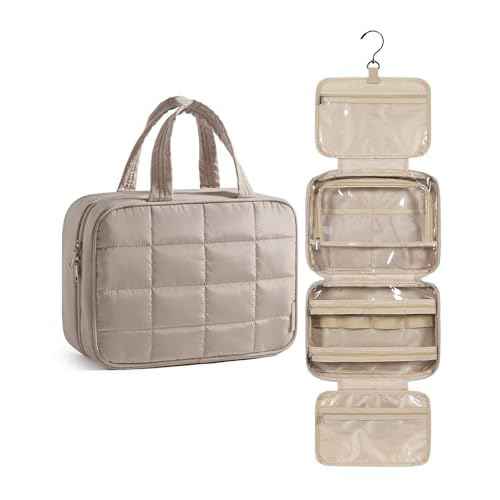 BAGSMART Travel Toiletry Bag for Women, Hanging Travel Bag for Toiletries, Puffy Makeup Cosmetic Bag Organizer, Carry-on Travel Accessories Essentials, Camel