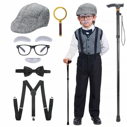 TaikaoQi Old Man Costume for Kids 100 Day of School Costume for Boys – Grandpa Cosplay Accessories with Hat, Glasses, Can...