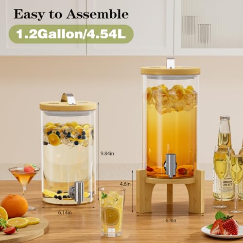 VOVUVK 1.2 Gallon Glass Drink Dispenser For Parties, Beverage Dispenser With Bamboo Wood Stand And Stainless Steel Spigot,...