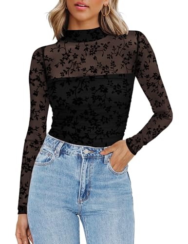 Zeagoo Womens Mesh Sheer Long Sleeve Top Mock Turtle Neck See Though Shirts Ruched Sexy Casual Going Out Blouses