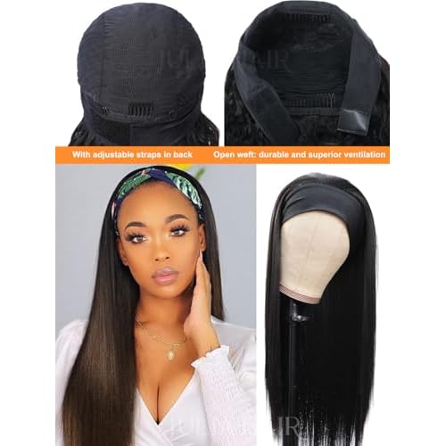 Julia Hair 12A Headband Wig Human Hair Yaki Straight Glueless None Lace Half Wig With Pre-attached Scarf Ombre Chestnut Brown Highlight With Dark Roots for Black Women Put on and Go 18 Inch