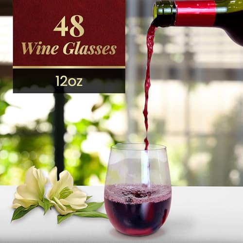Reli. Disposable Wine Glasses (48 Pack, 12oz) Plastic Stemless Wine Glasses Disposable | Clear and Stemless for Parties, C...