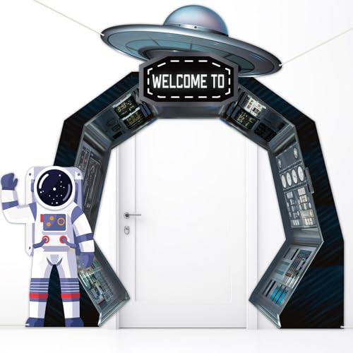 3Pcs Outer Space Porch Banner Space Birthday Party Decorations Spaceship Hanging Banner Astronaut Planet Door Covers Backd...