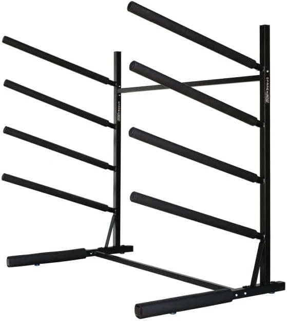 SPAREHAND 4-Tier Paddle Board Storage Rack – Heavy Duty Aluminum Freestanding SUP Organizer with Bonus Base Storage – Easy...