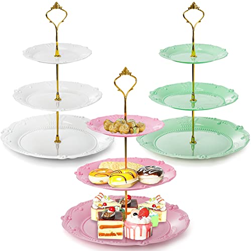 Fasmov 3 Pack 3 Tier Plastic Cupcake Stand, Dessert Plates Cake Fruit Candy Display Tower Reusable Pastry Platter for Wedd...