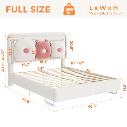 Full Bed Frame with Boucle Upholstered Headboard, Girls Bed, Solid Wood Slats Support, Fully Upholstered Mattress Foundation/No Box Spring Needed/Easy Assembly, White Full Size Bed Frame