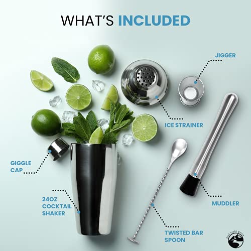 Blue River Water 24oz Cocktail Shaker Set - Martini Shaker w Built-in Drink Shaker Strainer, Muddler, Jigger, Mixing Spoo...