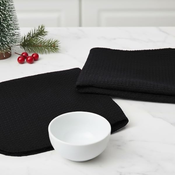 PurpleEssences Dish Cloths and Dish Rags - 8 Pack Waffle Weave Solid Kitchen Dish Wash Cloths, 100% Cotton, 12 x 12 Inches, Ultra Soft Absorbent Quick Drying - Christmas Holiday Winter - Black