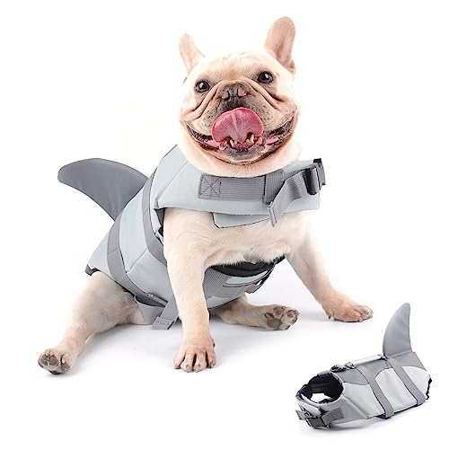 Hifrenchies Dog Life Jacket Shark Swimming Vest Dog Safety Swimsuit Floatation Life Vest for French Bulldog/Pug(M,Shark)