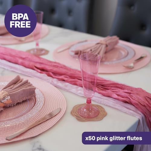 MATANA 50 Glitter Pink Champagne Flutes Plastic Champagne Glasses 5 oz, Reusable Pink Plastic Wine Glasses, Copas De Plast...