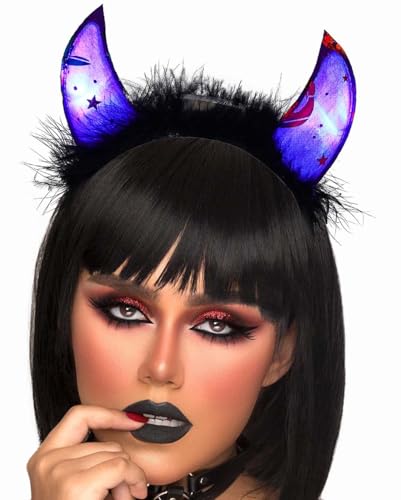 Gangel Light Up Halloween Headbands LED Devil Horns Headband Glittering Cow Horn Headpiece Festive Hair Accessories for Women
