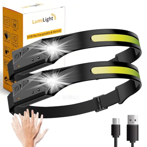 LumiLight LED Headlamp Rechargeable, Lumi Light LED Head Band Headlamp, 230° Wide Beam Head Lamp with Motion Sensor for Ad...