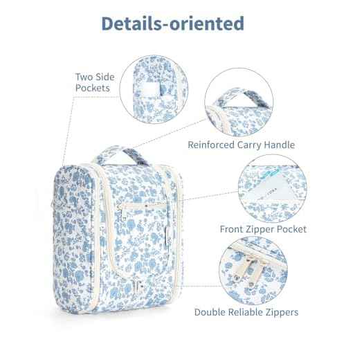 Narwey Hanging Toiletry Bag Women Travel Makeup Bag Organizer Toiletries Bag for Travel Size Essentials Accessories Cosmetics (Medium,Little Blue Flower)