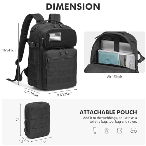 G4Free 25L Small Backpack Fits 15" Laptop, Tactical Work Back Pack Travel Bag for Men, Black