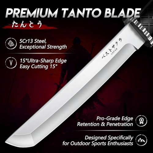 Moontay Fixed Blade Tanto Knife - Japanese Hunting Knife with Sheath, Full Tang Survival Knives with Wood Handle for Campi...
