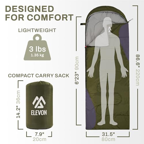 Elevon Sleeping Bag for Adults Teens Kids Cold Warm Weather, Portable Waterproof & Lightweight, Compact with Compression S...