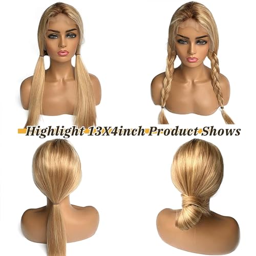 Smavida Highlight Blonde Lace Front Wigs Human Hair Ombre 13x4 Transparent Honey Blonde Glueless Lace Frontal Wig 100% Brazilian Remy Human Hair for White Women 16" (Can Be Curled)
