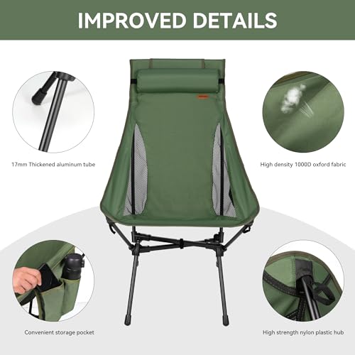 TOBTOS Portable High Back Camping Chair, Support Heavy Duty 440 lbs, Compact Folding Chair with Detachable Pillow for Cam...