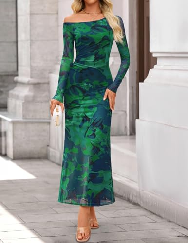ZESICA Women's Long Sleeve Floral Maxi Dress 2026 Fall Off Shoulder Bodycon Ruched Mesh Cocktail Wedding Guest Dresses