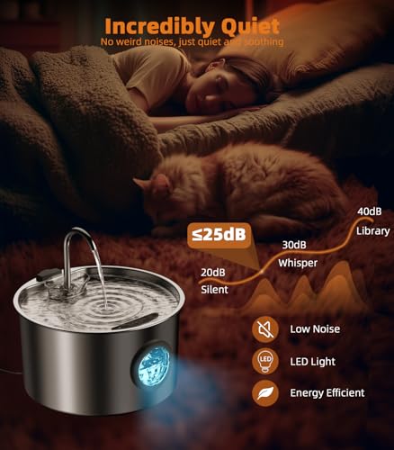 108oz/3.2L Stainless Steel Cat Water Fountain with Detachable Tank, Easy to Clean & Assemble, Pet Drinking Dispenser with ...
