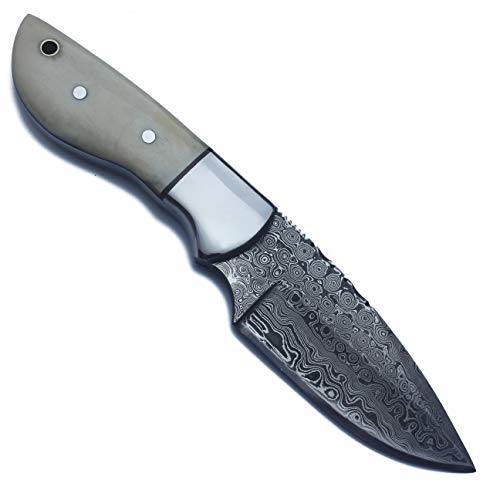 WolfKlinge Handmade Damascus Steel Fixed Blade Knife with Full Tang Bone Handle and Premium Buffalo Hide Leather Sheath fo...