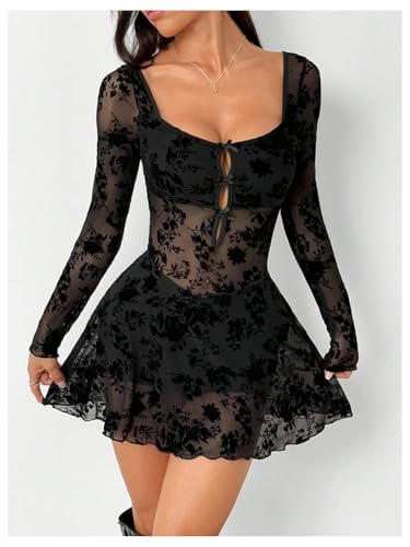Milumia Women's Floral Lace Cut Out Mini Dress Sexy Long Sleeve Bow Decor Party Club Mesh Short Dresses