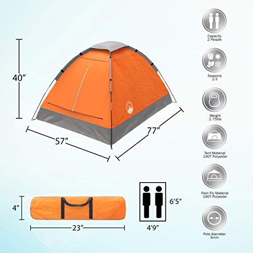 2 Person Camping Tent with Rain Fly and Carrying Bag - Lightweight Outdoor Tent for Backpacking, Hiking, or Beach Use by W...