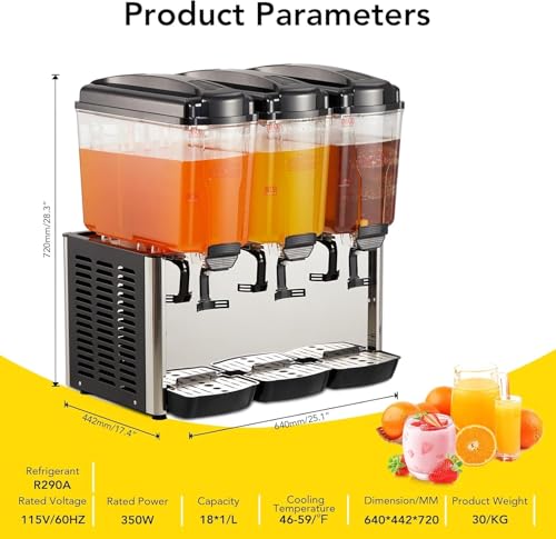 Commercial Beverage Dispenser, 3 Tanks 18 L/19QT Per Tank Juice Dispenser, 350w Stainless Steel Ice Tea Drink Machine with...