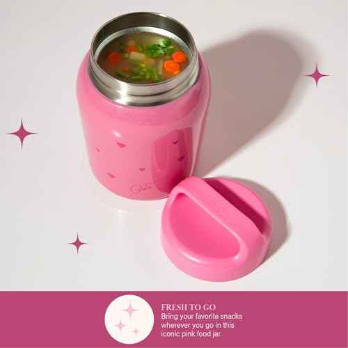 Paris Hilton Stainless Steel Food Jar, Double Wall Vacuum Sealed Insulated Food Storage Container with Carry Handle Lid, 24-Ounce, Pink with Heart Design