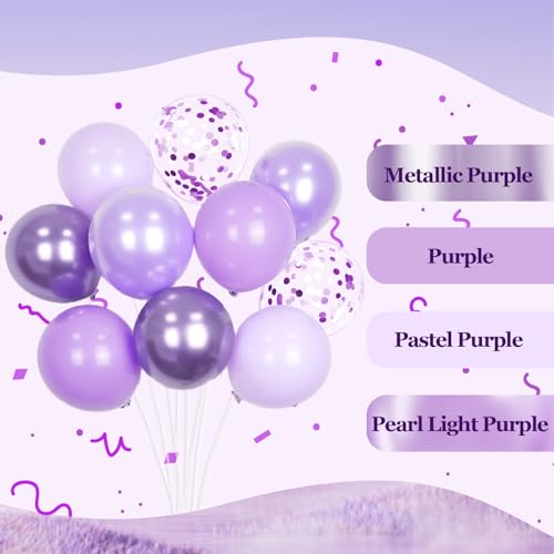 60pcs Lavender Balloons 12inch, Light Purple Balloons with Pastel Metallic Pearl Purple Confetti Balloons for Birthday Bab...