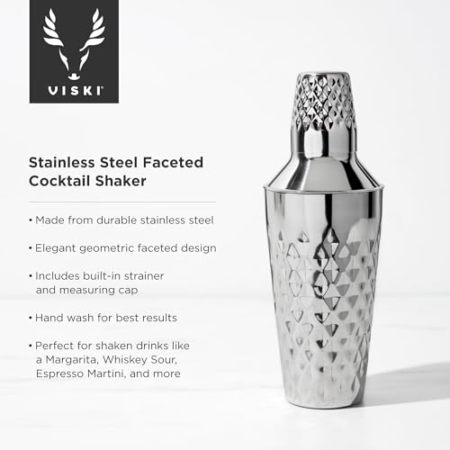 Viski Diamond Cocktail Shaker Set, 25 oz Faceted Stainless Steel Shaker With Strainer