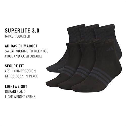 adidas Men's Superlite Quarter Socks 6-pack, Durable, Lightweight, Athletic Breathable With Compression Arch Support