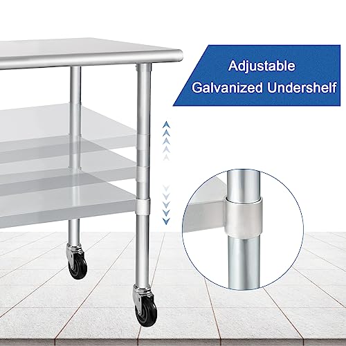 HARDURA Stainless Steel Table with Wheels 24 x 48 Inches Casters NSF Heavy Duty Commercial Work & Prep Table with Undershelf and Galvanized Legs for Restaurant Kitchen Bar and Hotel Garage