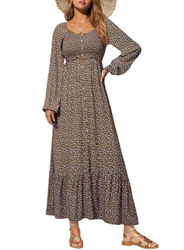Dokotoo Womens Dresses Spring Summer 2026 Boho Floral Smocked Empire Waist Square Neck Long Sleeve Button Beach Maxi Dress