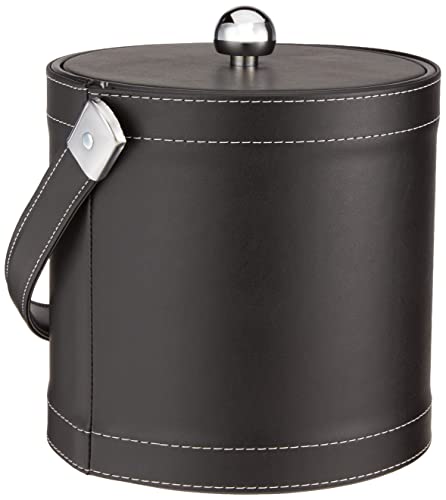 Kraftware Ice Bucket with Stitched Handle, Fabric Lid and Chrome Astro Ball Knob, Black - 3 Quart