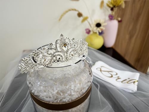 JETKONG 3 Pcs Bachelorette Party Decorations Bridal Shower Crown, Bride to Be Sash&Veil for Women Bachelorette Party Gift...