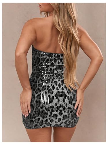 Floerns Women's Y2k Mini Dress Cheetah Sequin Strapless Tube Date Night Bodycon Dresses