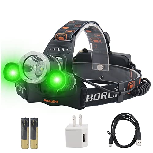 BORUIT RJ-3000 LED Green Headlamp,3 Modes White and Green LED Hunting Headlight,Super Bright USB Rechargeable Tactical Hea...