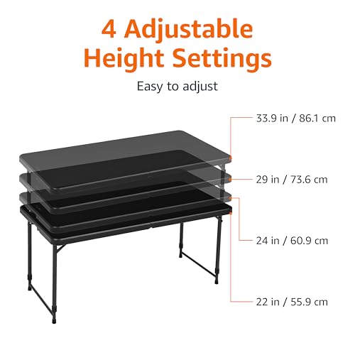 Amazon Basics 4 Foot Rectangular Folding Dining Table, 4 Adjustable Height Settings with Carrying Handle, Indoor & Outdoo...