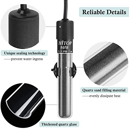 HITOP Mini Submersible Aquarium Heater - 50W Digital Heater for Fish Tank Turtle Tank 5-15 Gallon, Saltwater and Fresh Wat...