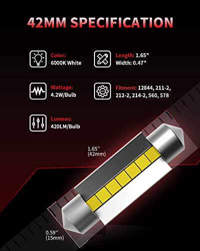 LASFIT Super Bright 42MM LED Festoon 41MM 211-2 578 212-2 LED Use for Dome Map Door Interior Door Trunk Glove Box Lights 6...