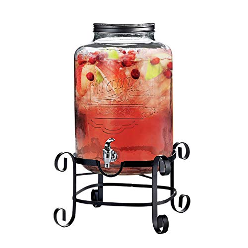 Style Setter Beverage Dispenser Cold Drink Dispenser w/ 3-Gallon Capacity Glass Jug, Metal Stand & Leak-Proof Acrylic Spig...