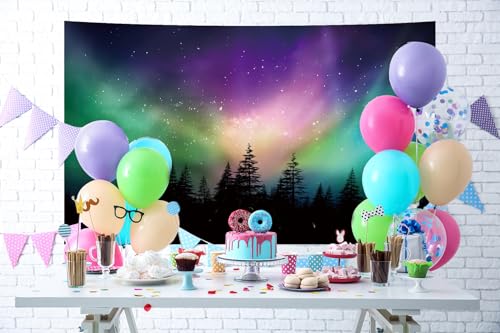 7X5FT Fabric Northern Lights Backdrop Forest Aurora Borealis Night Sky Portrait Background Birthday Party Decoration Banne...
