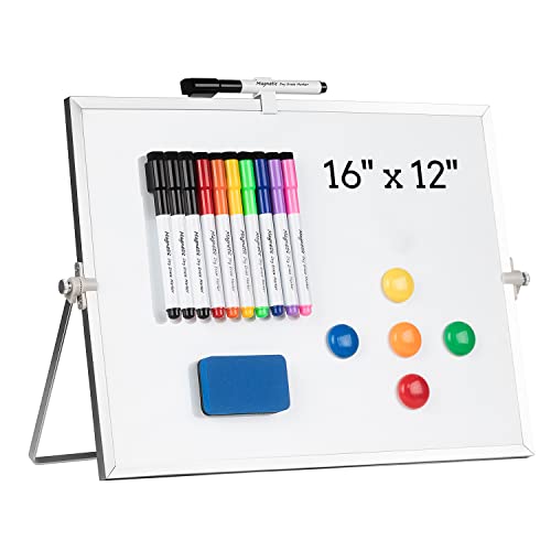 Dry Erase White Board, Cazeyoo Magnetic Desktop Whiteboard 16 x 12inch with Stand, 10 Markers, 4 Magnets and 1 Eraser, Por...