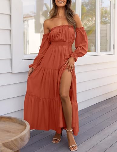 ZESICA Women's 2026 Boho Sexy Off Shoulder Long Sleeve Smocked High Waist Side Split Flowy A Line Tiered Long Maxi Dress