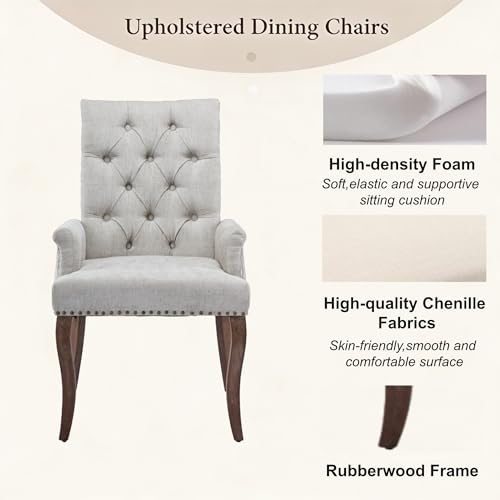 Ball & Cast Chenille Dining Chairs with Arms,Mid-Century Accent Chair w/Tufted Back & Nailhead Trim,Curved Solid Wood Leg,...
